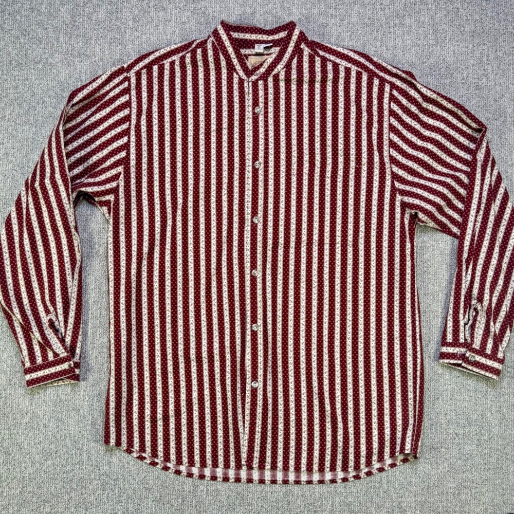 Wah Maker Band Collar Western Shirt Mens Large Burgundy Calico 530940 USA